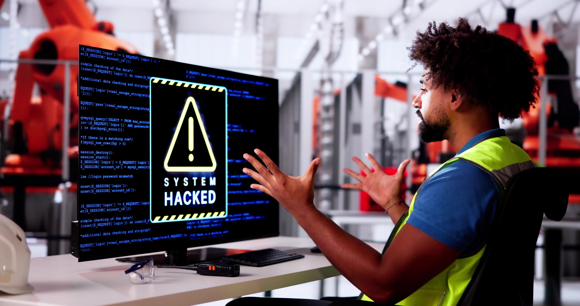 Shocked Engineer In Modern Car Factory During Ransomware